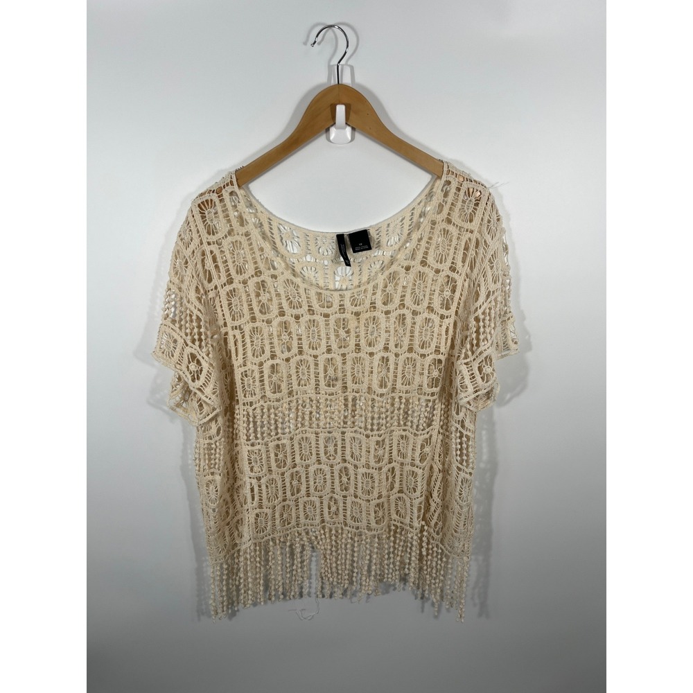 Womens Crochet Top 1X Beige Oversized Fringe Boho Chic Western Concert Festival
